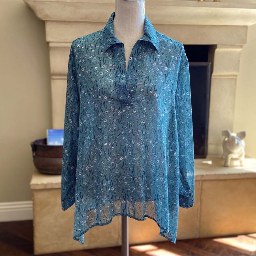 Cabi Blouse Tunic Long Sleeve Collar Green Floral Sheer oversized